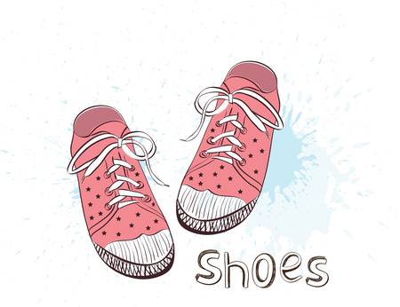 Pink childrens or young adult shoes, pink girls shoes. Colorful vector illustration.のイラスト素材