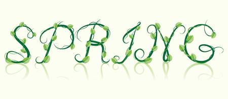 Word "spring". Branch With Green Foliage.のイラスト素材