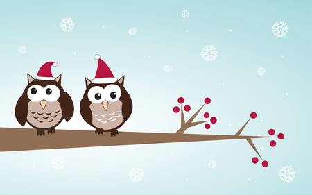 Owls couple in christmas hats on the tree branch. Holiday greetings cardのイラスト素材