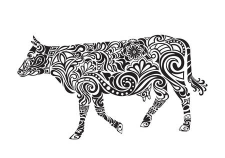 Cow ornament. Cow drawing with floral ornament decoration.のイラスト素材