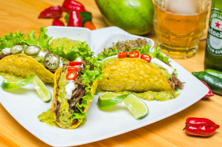 Mexican tacos with lemon and beerの写真素材