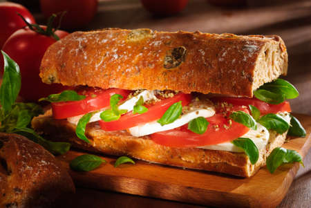 tomato, mozzarella, basil leaves and oregano ciabatta sandwichの写真素材