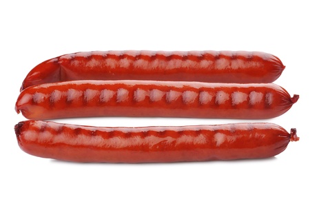 three roasted sausages isolated on white backgroundの写真素材