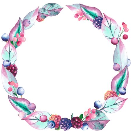 Watercolor forest pink berry wreathの写真素材