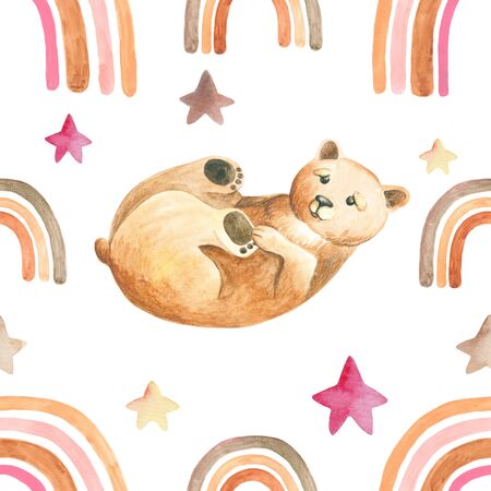 Watercolor rainbows bear seamless patternの写真素材