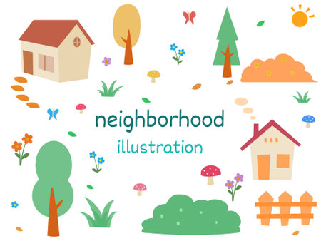 Neighborhood illustration with houses, trees, flowers and plants in a village. Cute doodle for children in flat style design.のイラスト素材