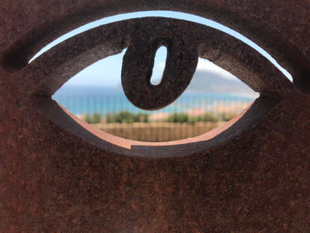 Altea, Spain, 23,05,2020: Eye sculpture at Old Town , Altea looking at the sea.のeditorial素材