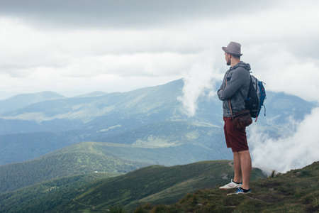 Traveller hiking to Hoverla in Carpathian Mounstainsの写真素材