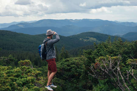 Traveller hiking to Hoverla in Carpathian Mounstainsの写真素材