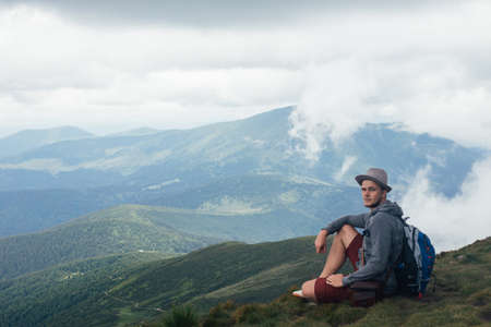 Traveller hiking to Hoverla in Carpathian Mounstainsの写真素材