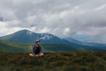 Traveller hiking to Hoverla in Carpathian Mounstainsの写真素材