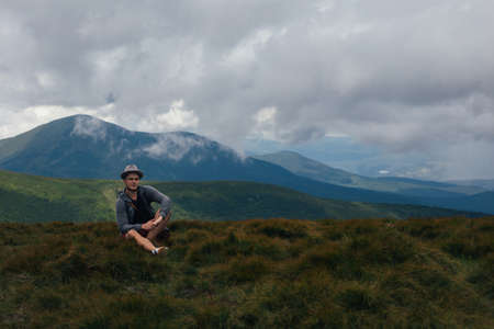 Traveller hiking to Hoverla in Carpathian Mounstainsの写真素材