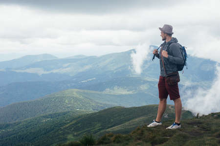 Traveller hiking to Hoverla in Carpathian Mounstainsの写真素材
