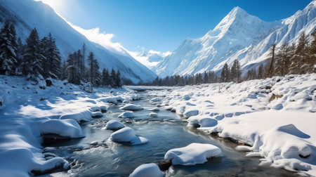 Beautiful winter landscape with snow-capped mountains and clear riverの素材