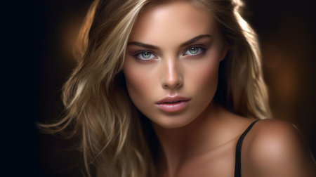 Portrait of a beautiful young woman with long blond hair and blue eyesの素材