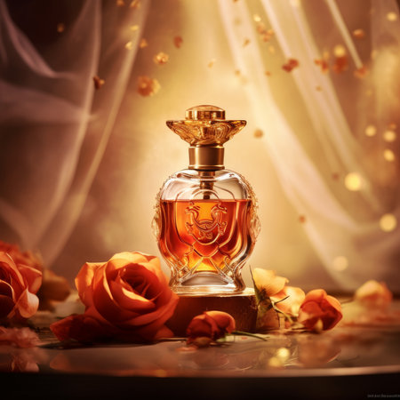 Bottle of perfume with rose flowers on bokeh background.の素材