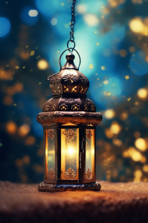 Vintage lantern on bokeh background. Ramadan Kareem greeting cardの素材