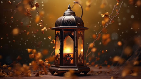 Lantern on the table with autumn leaves and bokeh backgroundの素材