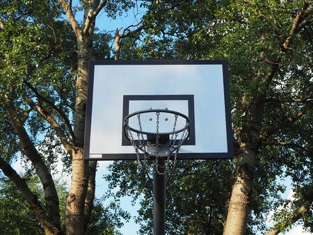 Basketball hoop and net, backboard against green tress in backgroundの写真素材