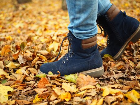 Closeup of child legs in navy shoes on bright autumn leaves background. The teenager walks in the park. Maple leaves of different colors, yellow, orange, green.の写真素材