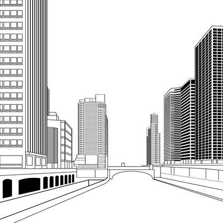 Vector image of high-rise buildings and streets. Skyscrapers of the business section of a major city. The colorless image with a black stroke. Isolated on white background.のイラスト素材