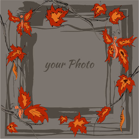 Round autumn frame with yellow, orange leaves and twigs maple, butterfly.のイラスト素材