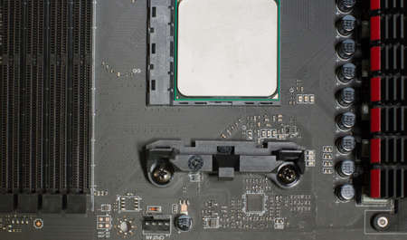 Computer motherboard with a view of parts and components