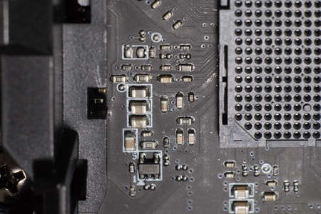 Computer motherboard with a view of parts and components