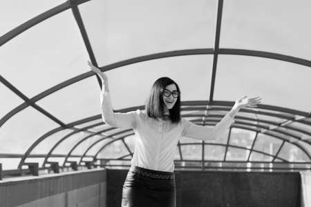 Modern business, female businesswoman working outdoors over a new ideaの写真素材