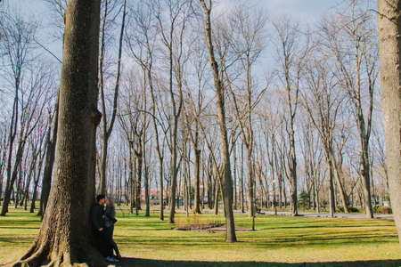 A beautiful loving couple smiling and kissing a large tree in the park.の写真素材