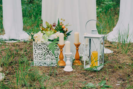 Rustic wedding photo zone. Hand made wedding decorations includesの写真素材