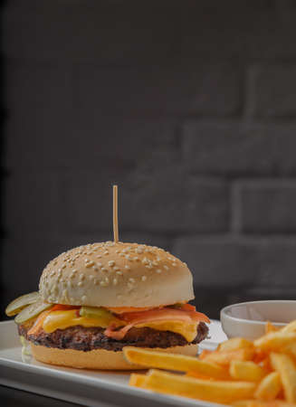 Burger on a plate with fried potatoes and sauceの写真素材