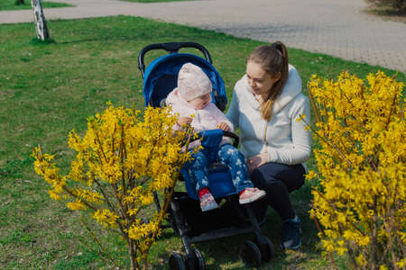 Young beautiful stylish mother with a child in a pram near a yellow bush in summer.
