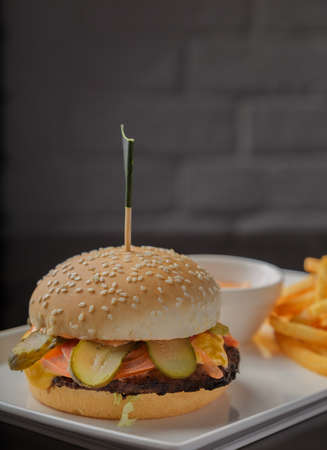 Burger on a plate with fried potatoes and sauceの写真素材