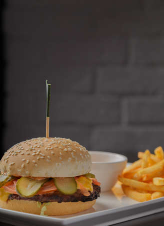 Burger on a plate with fried potatoes and sauceの写真素材