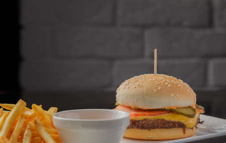 Burger on a plate with fried potatoes and sauceの写真素材