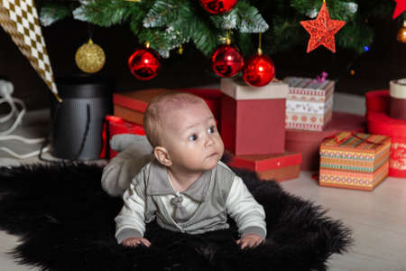 Cute little boy on the floor by the New Year tree.の写真素材