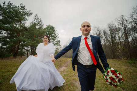 Happy bride and groom walk through the woods in autumn holding hands.の写真素材