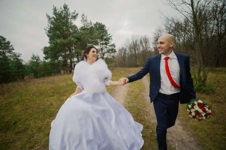 Happy bride and groom walk through the woods in autumn holding hands.の写真素材
