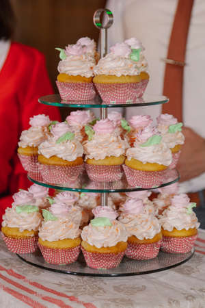 Beautiful fresh cakes on the festive table.の写真素材