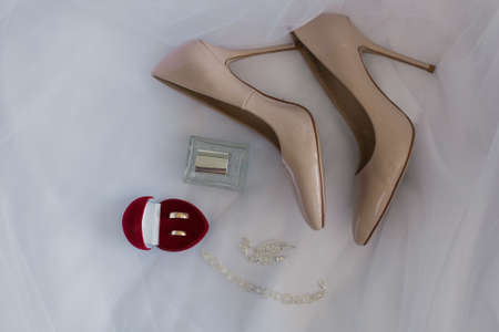 Beautiful wedding accessories of the bride. Happy wedding dayの写真素材