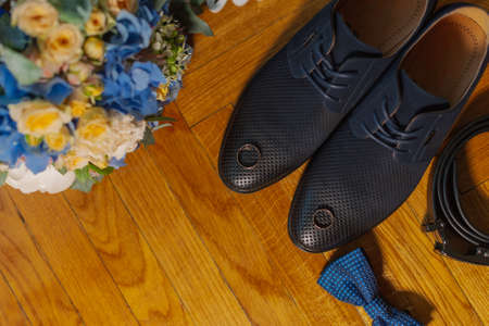 Stylish and beautiful groom accessories for the wedding.の写真素材