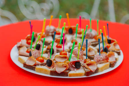 Fresh sandwiches on skewers. Snacks for guests.の写真素材