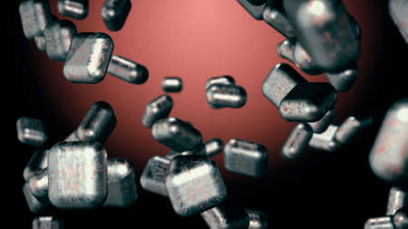 Random moving 3D objects on a highlighted background.