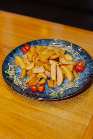 Rustic fried potatoes with fresh tomatoes on a beautiful plate on a wooden tableの写真素材