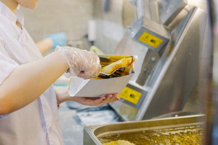 A cook lays a fried Cheburek Special Package in order to give the client. Cheburek with meat