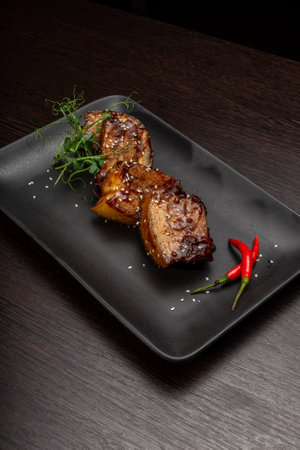 Stewed meat with sesame on a black plateの写真素材