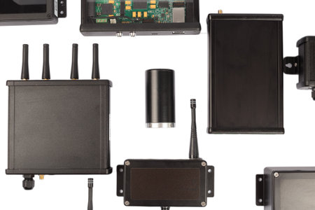 Modern electronic circuits on a white background, a set of various devicesの写真素材