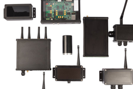 Modern electronic circuits on a white background, a set of various devicesの写真素材