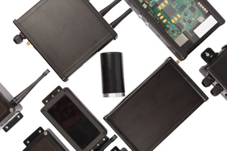 Modern electronic circuits on a white background, a set of various devicesの写真素材